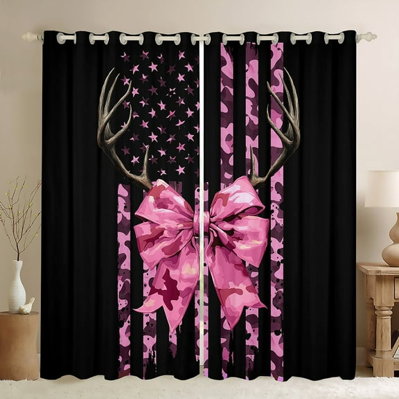 Homewish Pink Bow Knot Black Out Curtains for Children Girls Female,Abstract Camouflage Curtains Pack of 2 (42x63 Each),USA Flag Bedroom Curtains,Lightweight Room Decor