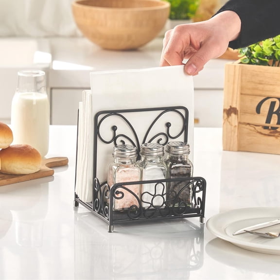 PYYAN-Napkin Holder – Metal Napkin Storage with Salt and Pepper Caddy (Shakers Not Included), Modern Napkin Dispenser for Table or Kitchen Countertop, Servilletero for Farmhouse Décor