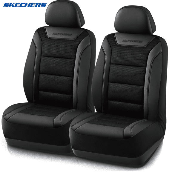 Skechers Leather Mesh Front Car Seat Cover – Premium Comfort with Breathable Mesh Panels, Durable Leather Construction, Universal Fit for Cars, Trucks, and SUVs - Black