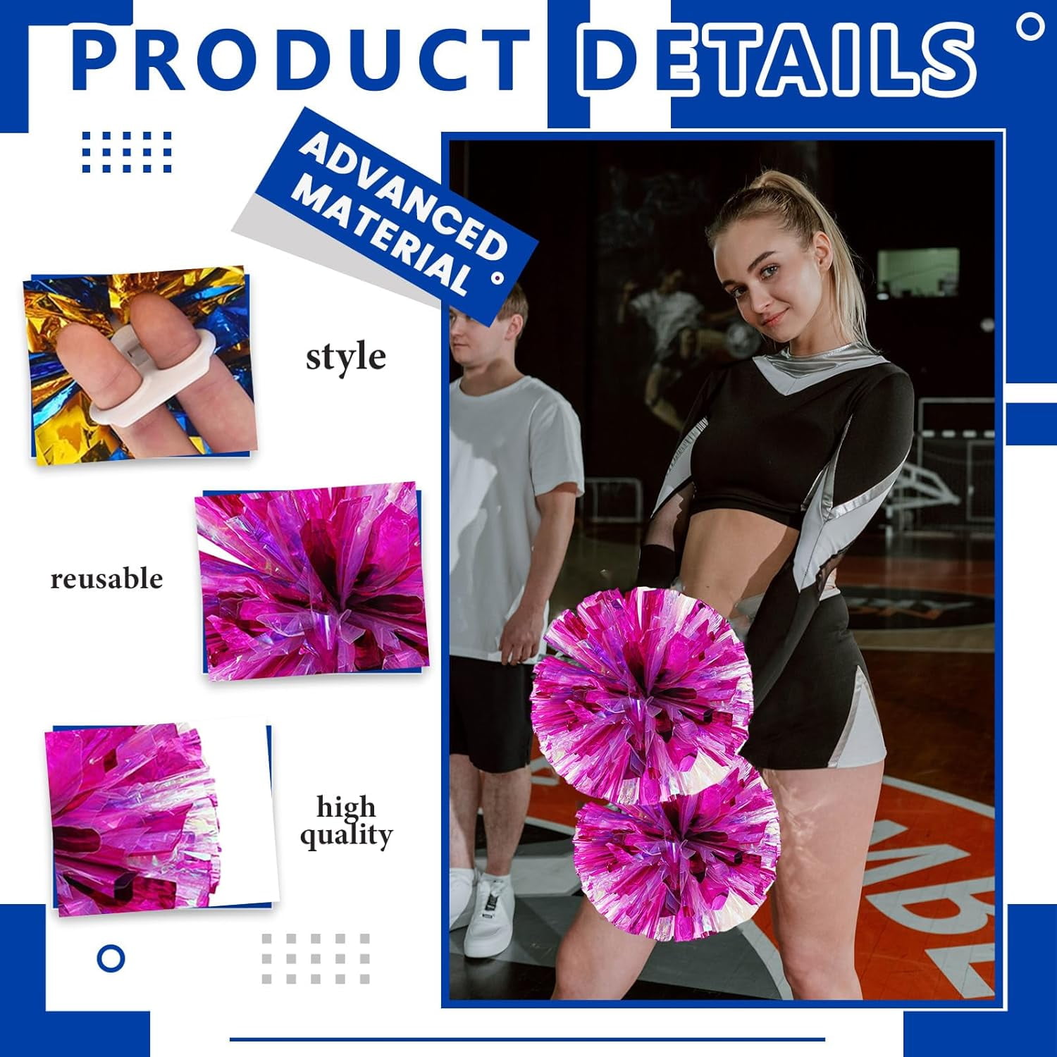 Cheerleader Pom Poms 20 Pack Sports Dance Cheering Plastic Metallic Cheerleading Pom Poms for Kids Adults-Ring Style