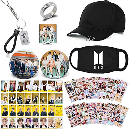 Kpop BTS Bangtan Boys Gifts Set for Army, BTS Photocard, Stickers, Hat, Face Shield, Rings, Pendant Necklace, Button Pin