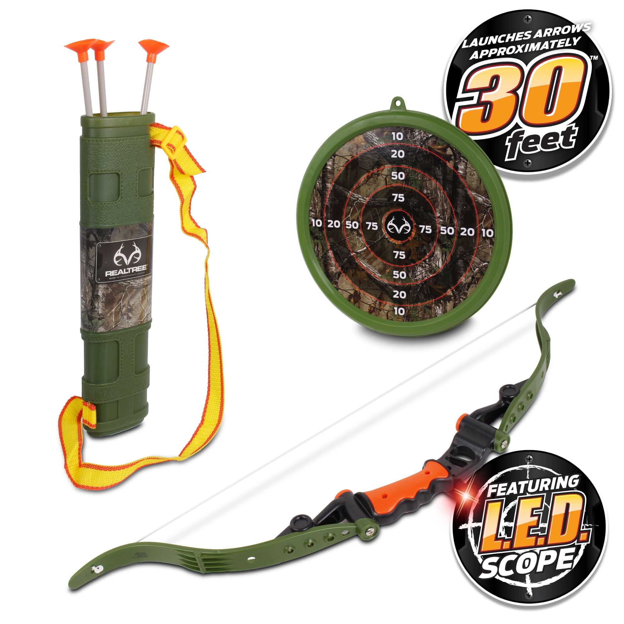 Realtree: Archery Set 25" Bow & Adjustable Quiver - Green/Orange NKOK, LED Scope, 3 Suction Tip Arrows & Target, Ages 8+ Each