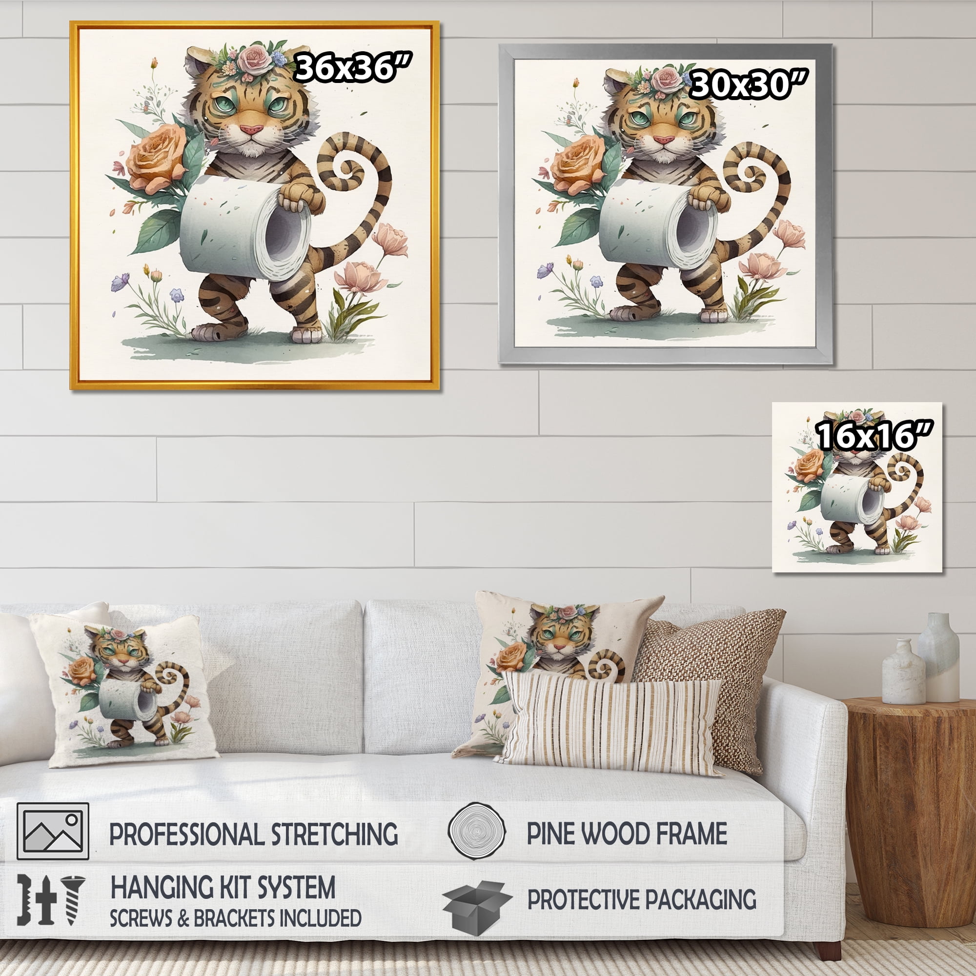 Designart Tiger With Roll Of Toilet Paper And Flowers III Canvas Wall Art