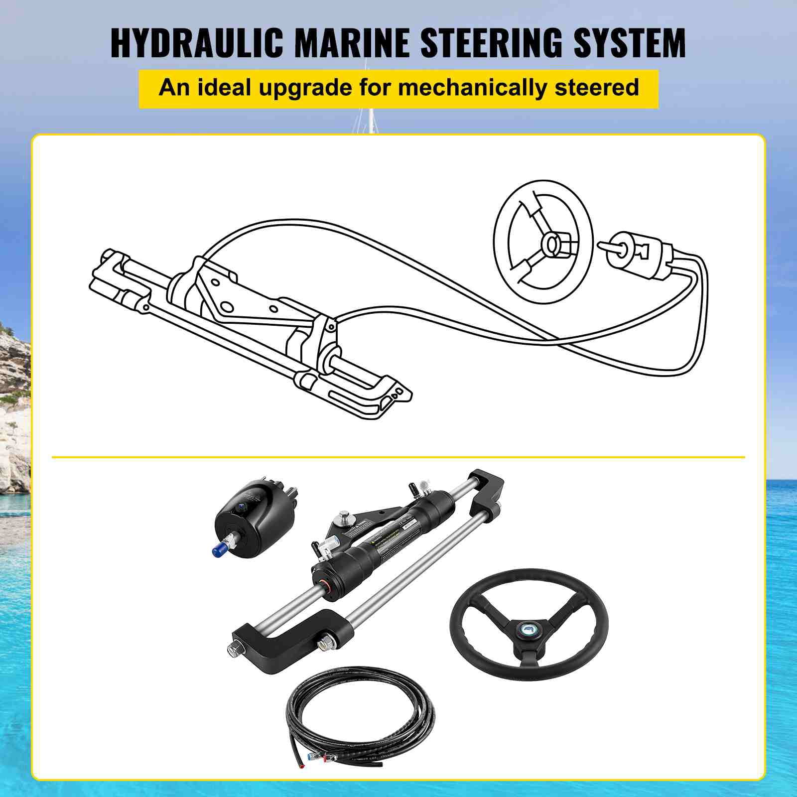 BENTISM Hydraulic Outboard Boat Steering Kit HK6400A-3 HO5110 10' Hose 300HP Pump