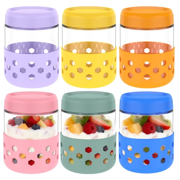 6 Pack Overnight Oats Containers, 16.9oz Glass Mason Jars with Silicone Sleeves, Leak-Proof Meal Prep Jars Set, BPA-Free
