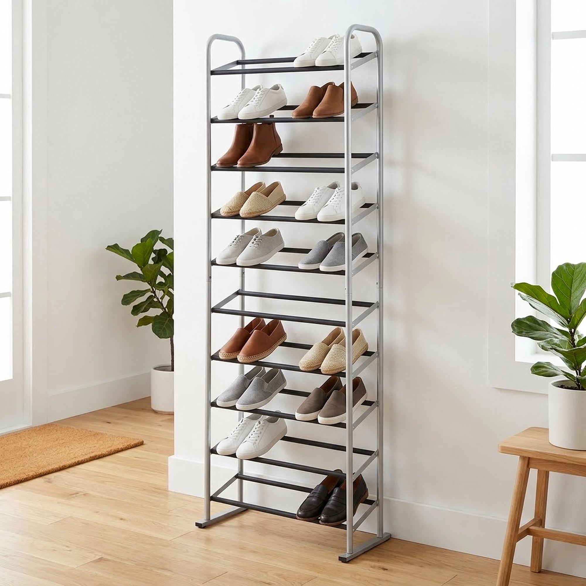 Mainstays 10-Tier Silver & Black Narrow Shoe Rack for Shoe Storage, Holds up to 30 Pairs