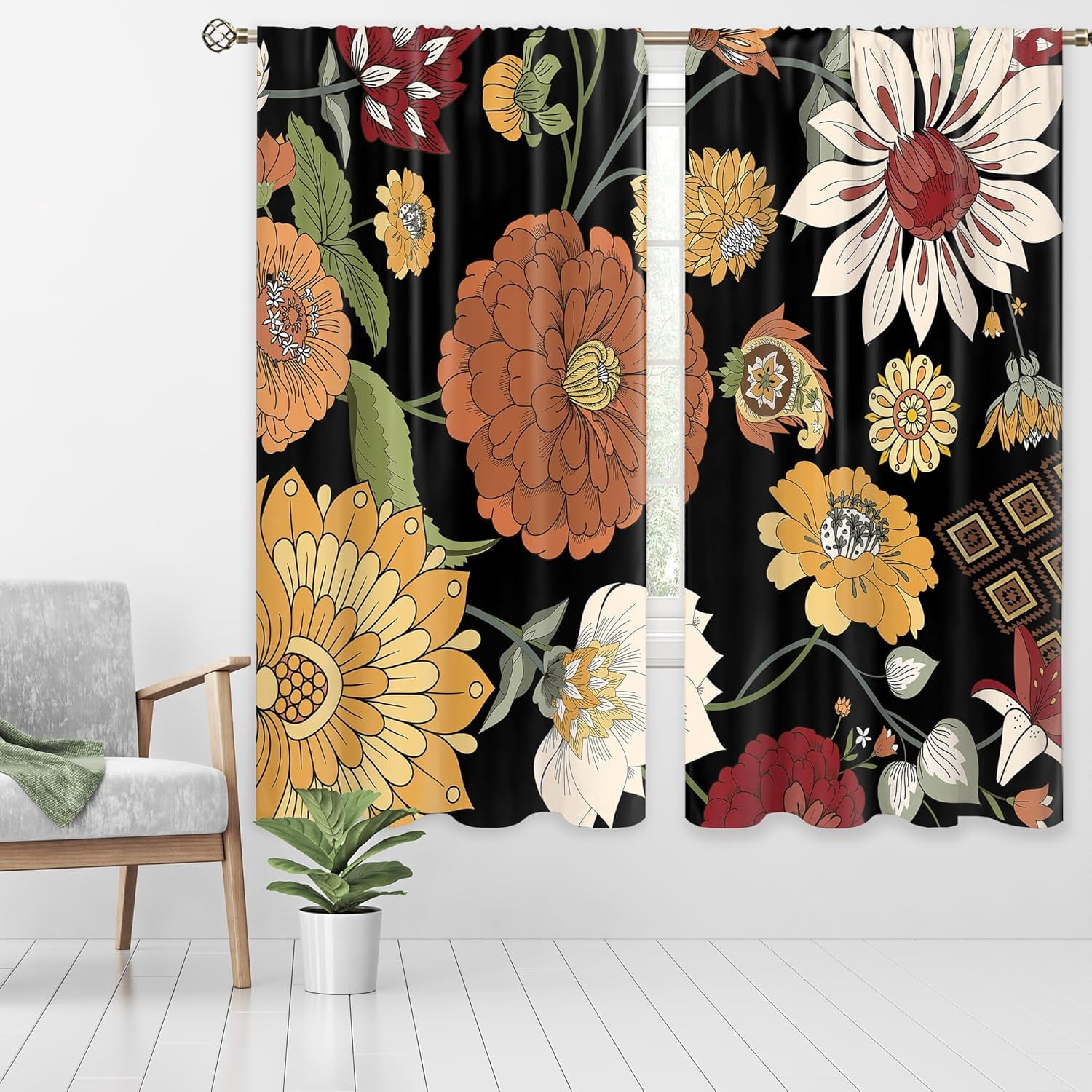Boho Floral Window Curtains Black Bohemian Flower Botanical Rod Pocket Mid Century Modern Abstract Leaves Curtain Drapes Herb Curtains for Bedroom Living Room Treatment 2 Panels 42Wx63H Inch