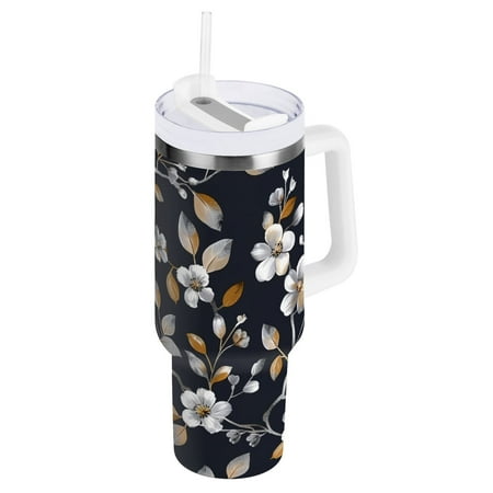 

JSTEL Gold & Silver Cherry Blossom Flower 30 oz Tumbler Stainless Steel Water Bottle Vacuum Insulated Cup with Straw Lid & Handle For Travel Car Cup Holder