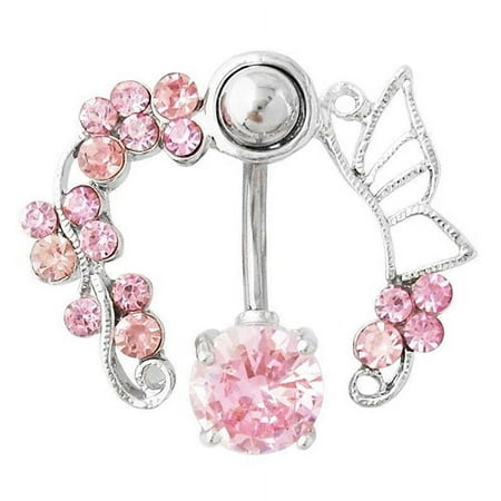 Yesbay 14G Butterfly Rhinestone Belly Barbell Button Ring Navel Body Piercing Jewelry