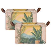 Yayeee Foldable Storage Basket for Shelves with Handles Set of 2 Waterproof Cloth Bins, Boho Plants