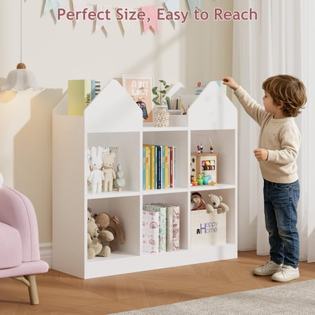 2-Piece Kids Bookshelf & Toy Organizer White Castle Design 4 Book Racks 6 Open Cubbies for Playroom