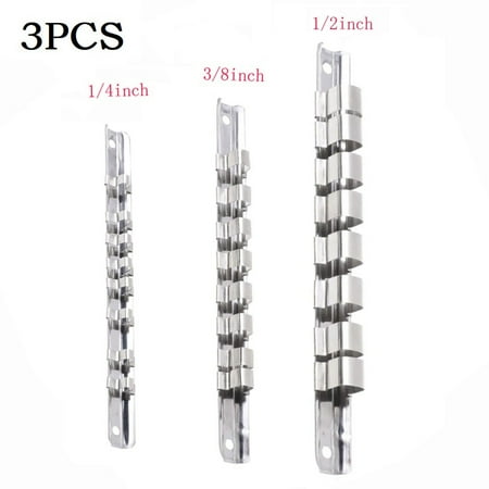 

3PCS Socket Rack Holder 1/4 3/8 1/2in with 8 Clip On Rail Tool Organizer Storage