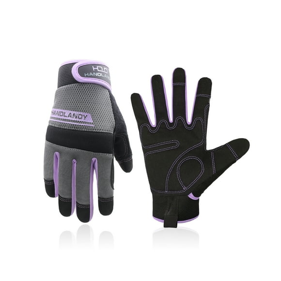 HANDLANDY Utility Work Gloves Women, Thin Mechanic Working Gloves Touch Screen, Purple, Small, 3 Pairs