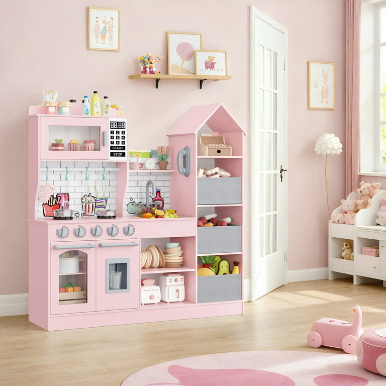 Homfa Kids Play Kitchen with Toy Storage, Drawer Wooden Pretend