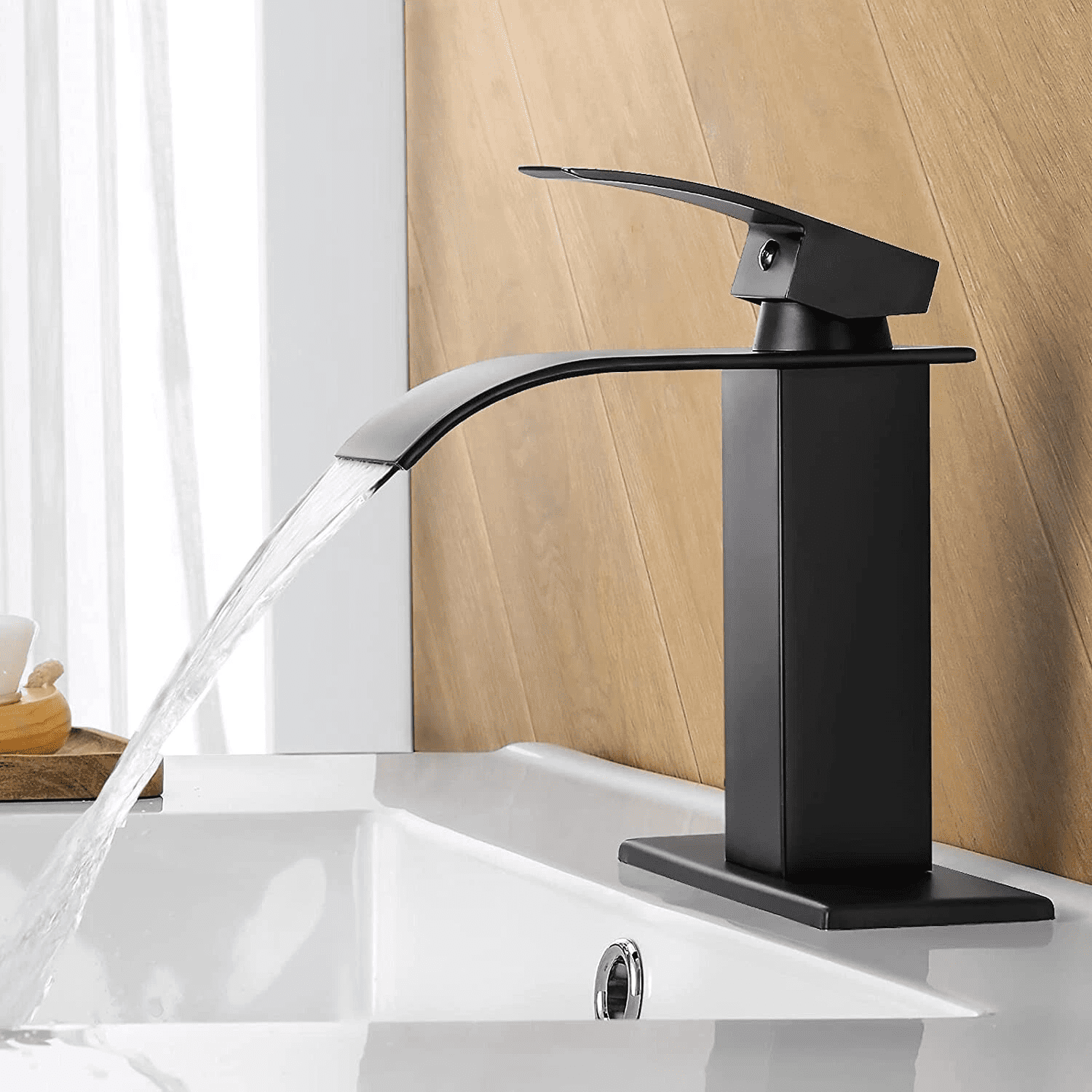 Zovajonia Modern Waterfall Bathroom Sink Faucet Matte Black Single Handle Bathroom Faucet for 1 or 3 Holes with Deck Plate