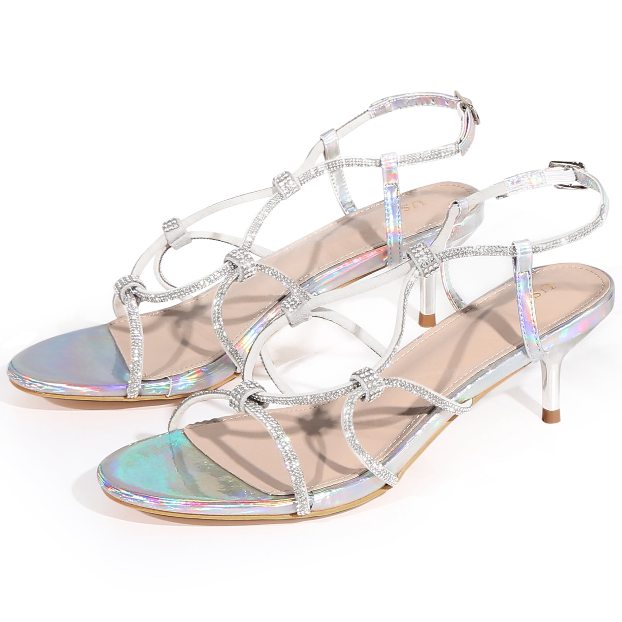 DARING DIVA Women's Rhinestone Strap Slingback Kitten Heels Sandals Silver 8.5