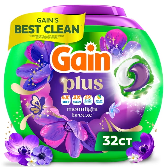 Gain Plus Flings Laundry Detergent Liquid Washing Pacs, Gain's Best All-In-One Clean, Moonlight Breeze Scent, 32 Count