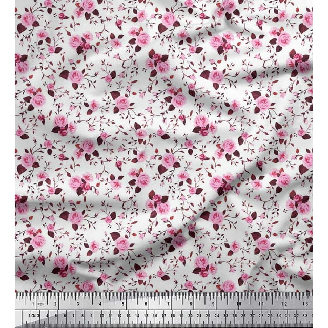Soimoi Tissu en Voile de Coton Imprimé Feuilles & Roses au Mètre 56 Pouces de Large