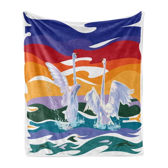 Swan Soft Flannel Fleece Blanket, Funky Style Image Swan Couple Swimming in Sea Rainbow Color Sky Backdrop Modern Print, Cozy Plush for Indoor and Outdoor Use, 50" x 70", Multicolor, by Ambesonne