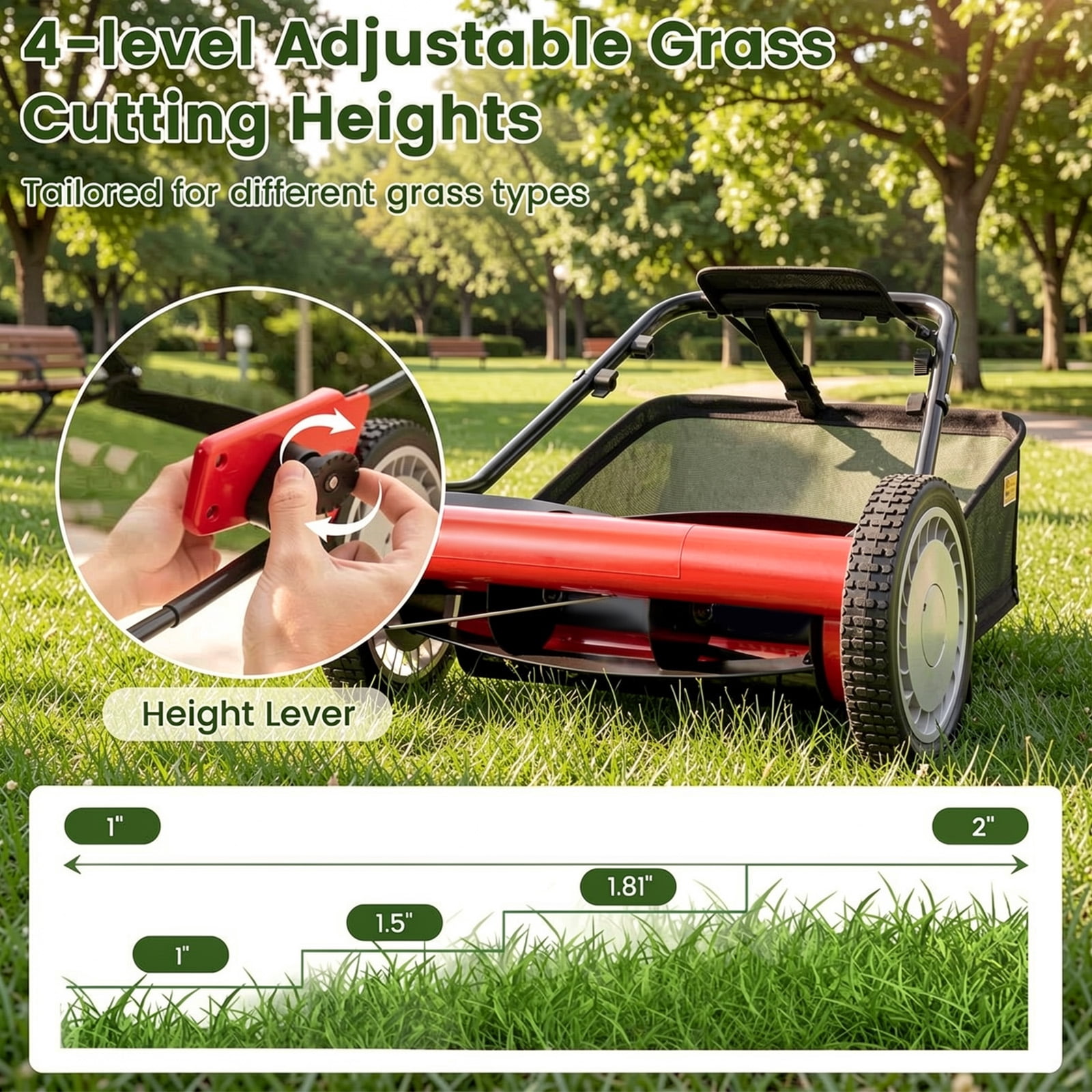 Biotree 16 Inch Push Lawn Mower with 5 Steel Blades and Grass Catcher Bag-Red Manual Reel Eco-Friendly