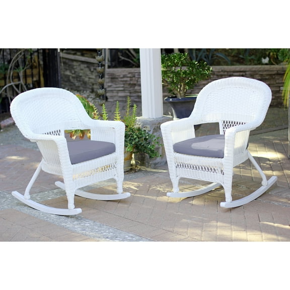 Jeco White Rocker Wicker Chair with Steel Blue Cushion- Set of 2