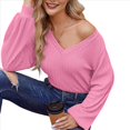 thumbnail image 2 of Blusa de Larga con Cuello en V para Mujer, Estilo Farol, Elegante, Informal, de Punto Acanalado, Corte Holgado, Otoño 2025 Rosa XL, 2 of 8
