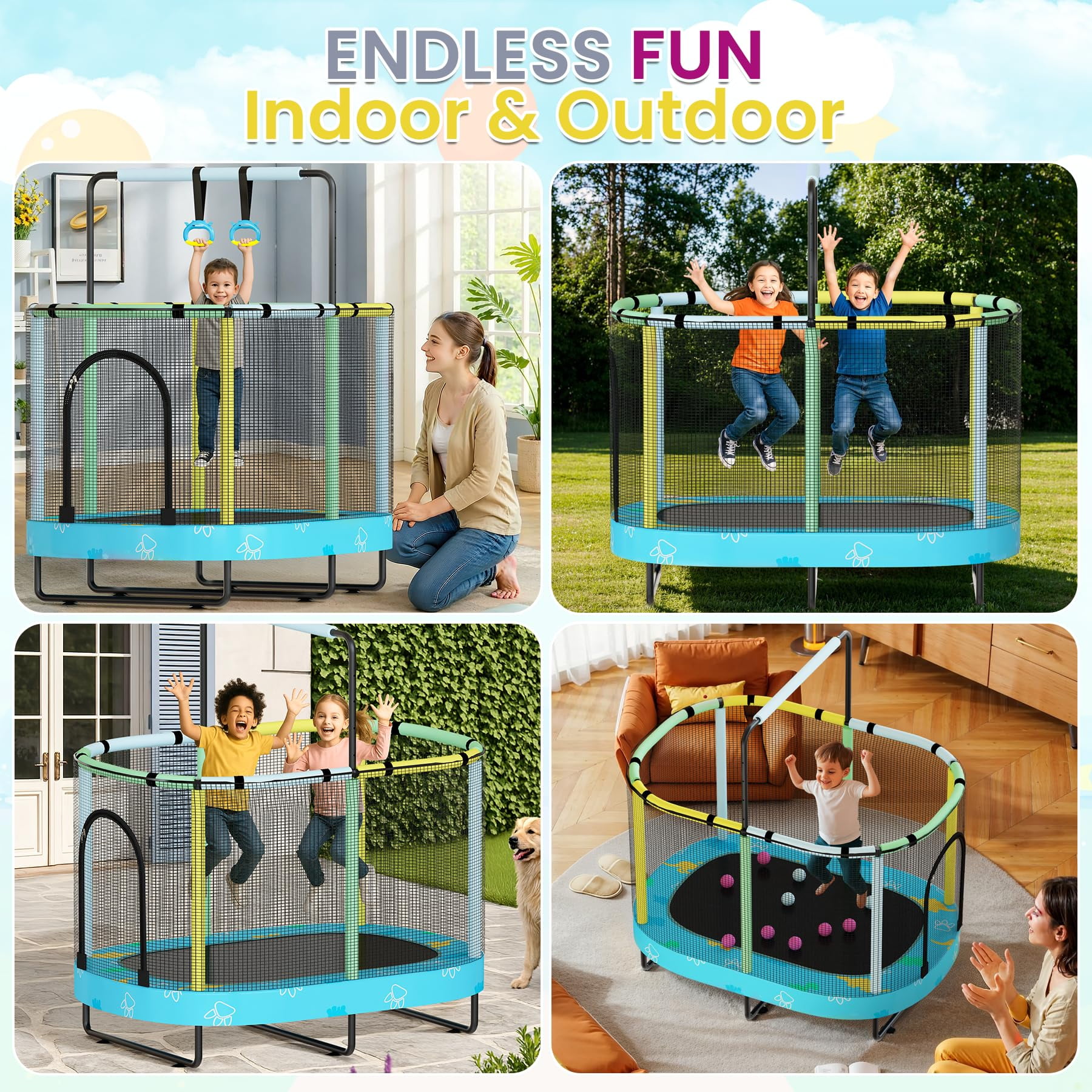 MOOSENG Elliptic Kids Trampoline, Bouncing Trampoline with Safety Enclosure Net, Adjustable Height Handrail, 500lbs Capacity, Designs for Boys & Girls, 7-in-1, 55” (Blue Dinosaur)