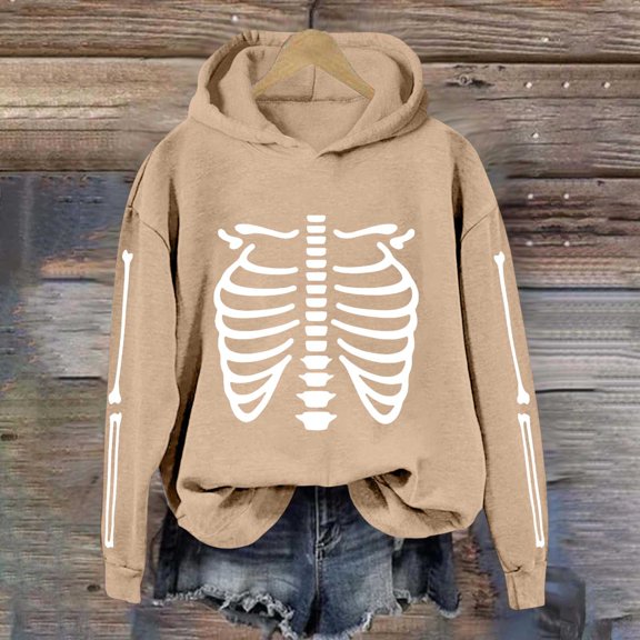 Women's Skeleton Print Hoodie Long Sleeve Loose Fit Pullover Sweatshirt for Halloween Party Streetwear Casual Outfit Fall Winter Fashion Womens Hoodies Sweatshirts Brown S