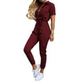 thumbnail image 6 of Guiexla Women Jumpsuit OL Commute Style Turn-down Collar Striped Print Half Single-breasted Short Sleeves Lace-up Slim Waist Slim Leg Ankle-banded Lady Jumpsuit, 6 of 7