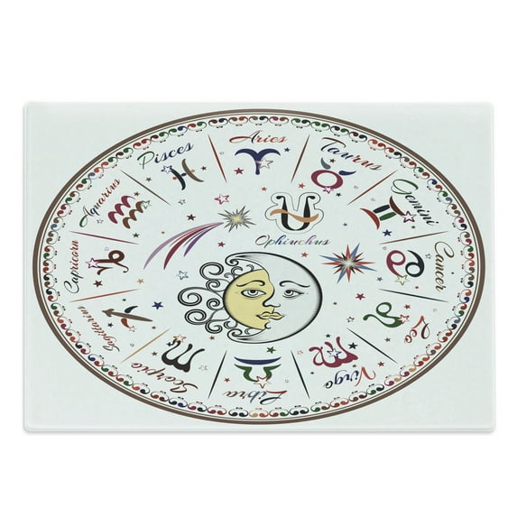 Zodiac Cutting Board, Division of Colorful Astrology Map with Most Familiar Planets Sun and Moon, Decorative Tempered Glass Cutting and Serving Board, Large Size, Multicolor, by Ambesonne