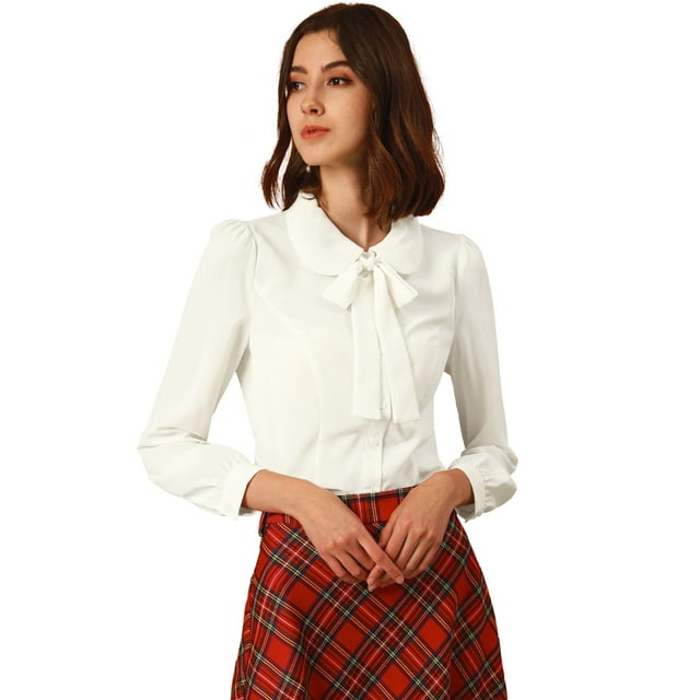 INSPIRE CHIC Chemise Boutonnée pour Femme Col Peter Pan à Nouer Blouses de Travail