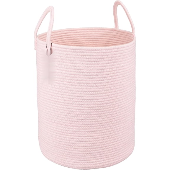 PLERISE Cotton Rope Laundry Basket Tall Woven Storage Hamper for Blankets, Toys, and Nursery (Light Pink)