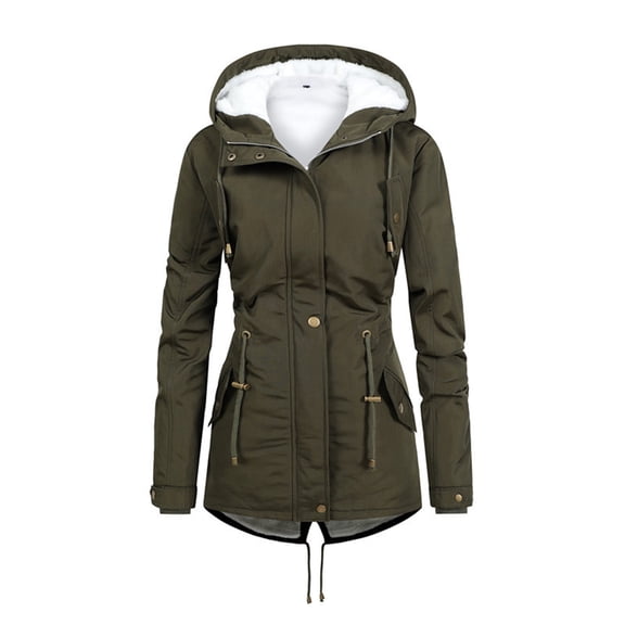 AXXD Winter Coats for Women Long Sleeve Solid Color Velvet Hood Plus Size Warm Jacket Army Green Size L(Us:8)