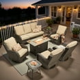 thumbnail image 2 of Ovios 8 Piece Outdoor Patio Furniture Set All-Weather Wicker Rattan Conversation Set with High Back Swivel Chairs & Propane Fire Pit Table, Beige, 2 of 10