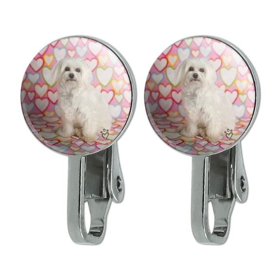 Maltese Puppy Dog Hearts Love Novelty Clip-On Stud Earrings