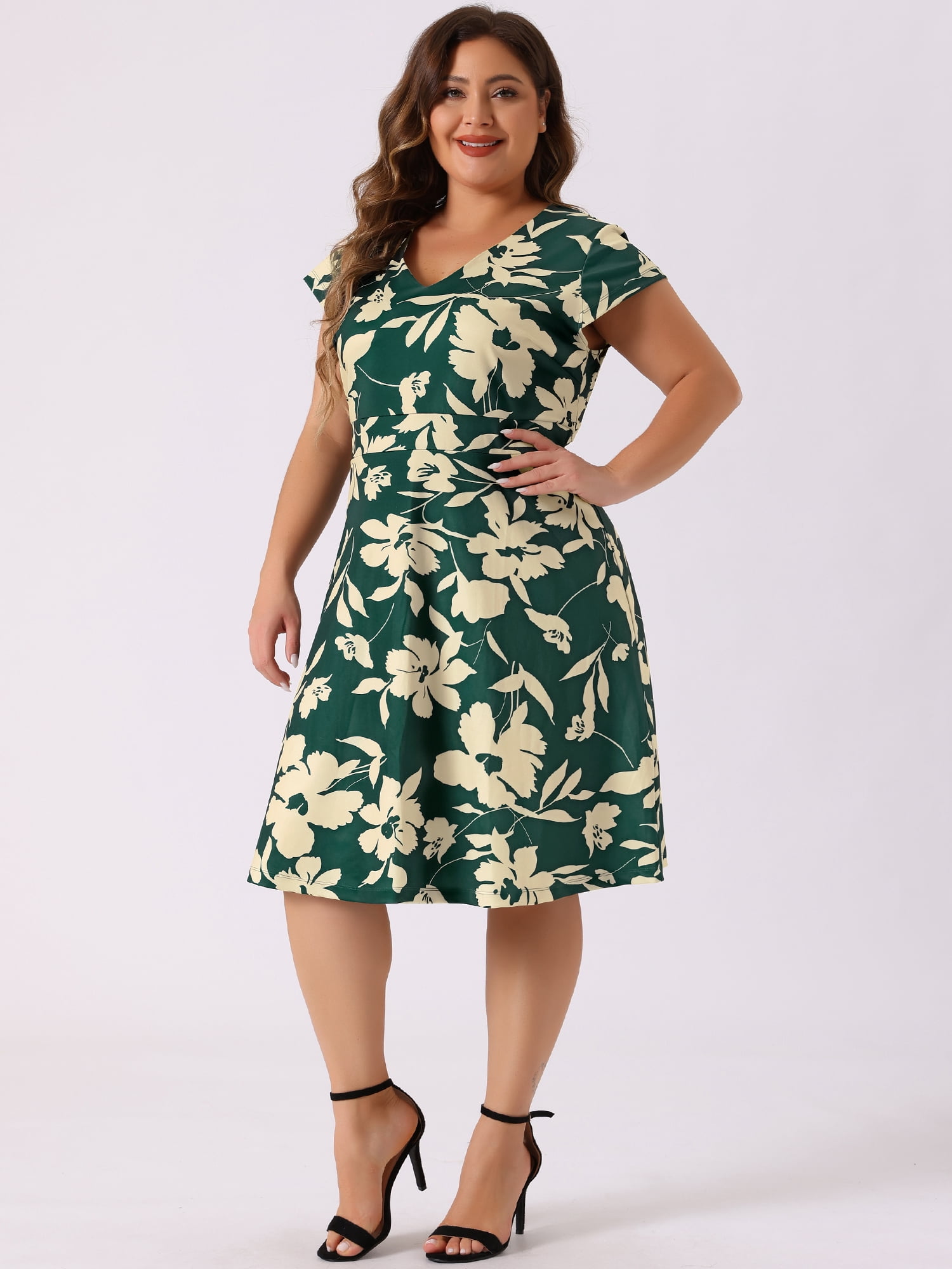 DARING DIVA Plus Size Fashion Cap Sleeve V Neck Above Knee Dress 4X Dark Green