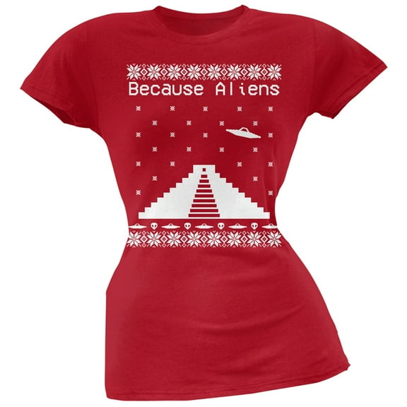 Because Aliens Pyramid Ugly Christmas Sweater Red Juniors T-Shirt - 2X-Large