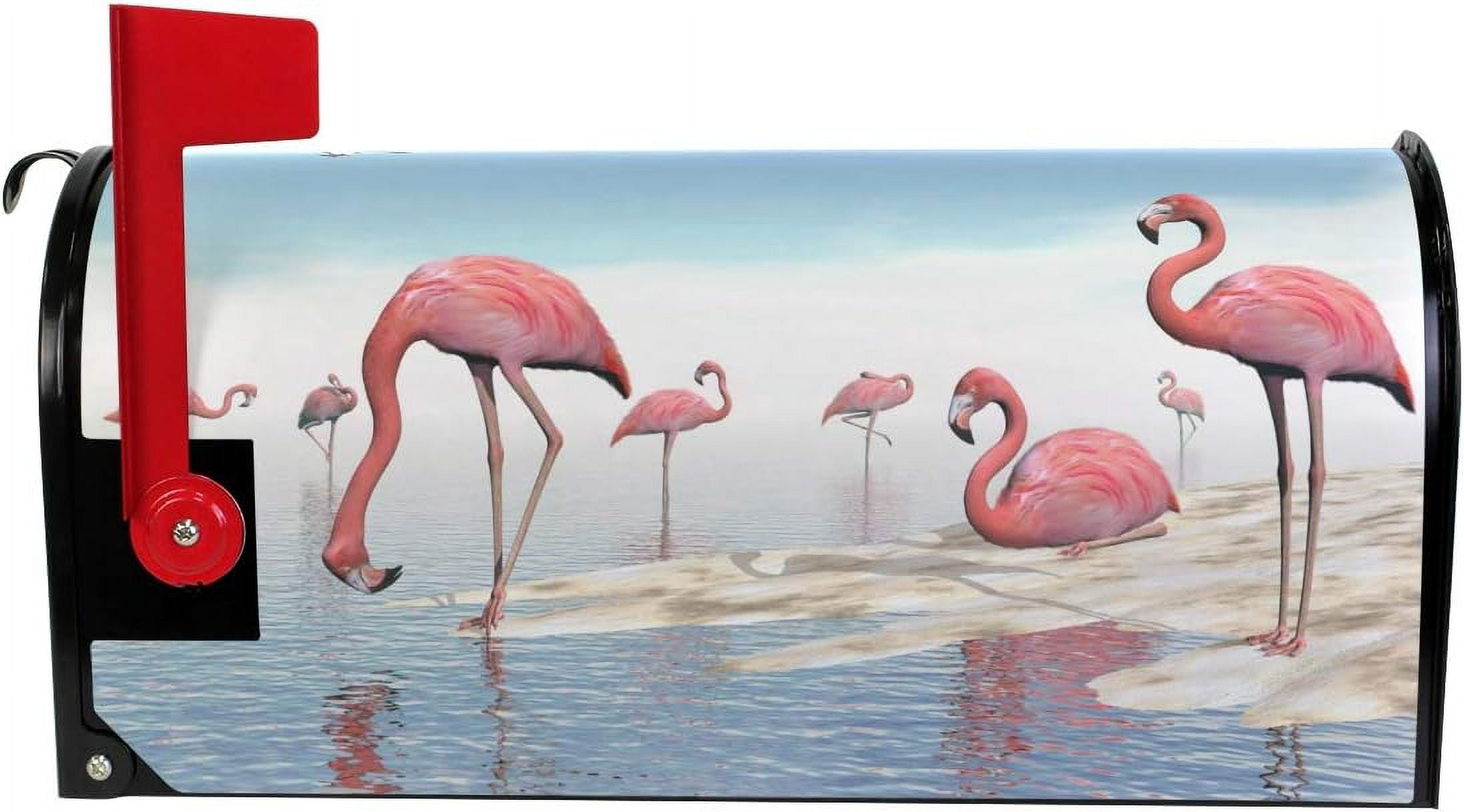 Flock of Pink Flamingos at The Beach Magnetic Mailbox Cover MailWraps Garden Yard Home Decor for Outside Oversized-25.5" x20.8"