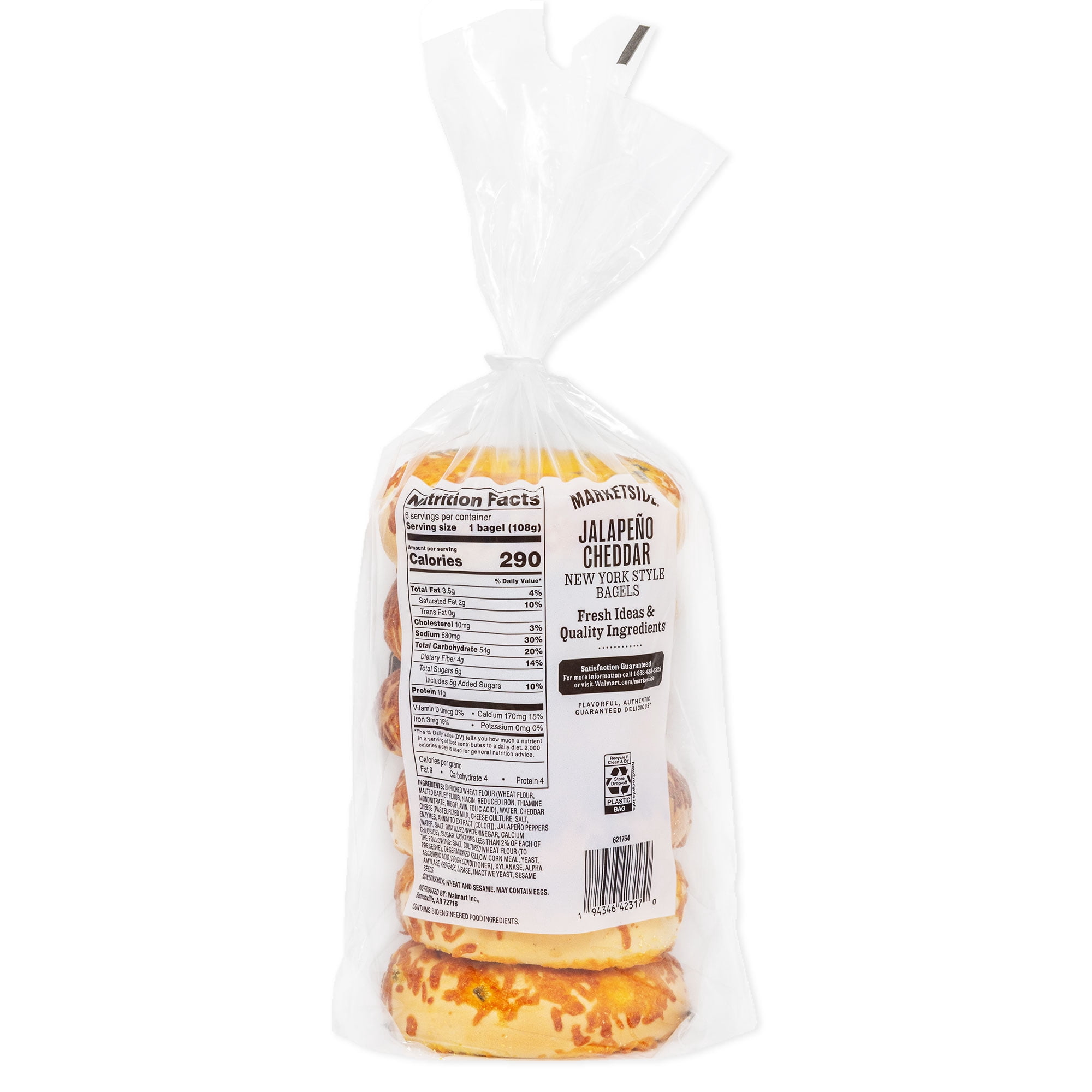 Marketside Fresh Jalapeno Cheddar Bagels, Wheat and Barley Flour, Shelf-Stable, 22.8 oz, 6 Count