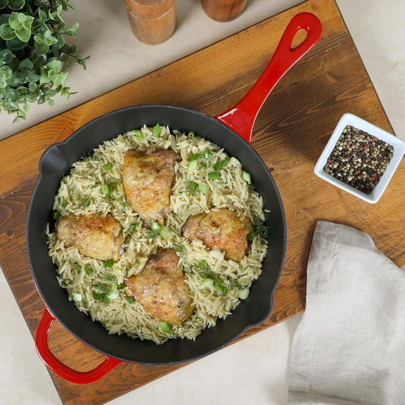 12 Inch Enameled Cast Iron Skillet with Gradient Red Design -  & Easy to Clean