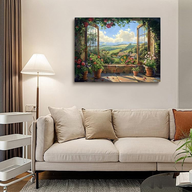 English Country Garden Landscape Cottage window Landscape Painting