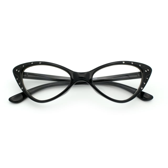 Lunettes de Mode pour Femmes Bling en Strass Gothique Oeil de Chat Lentille Transparente Plastique Noir