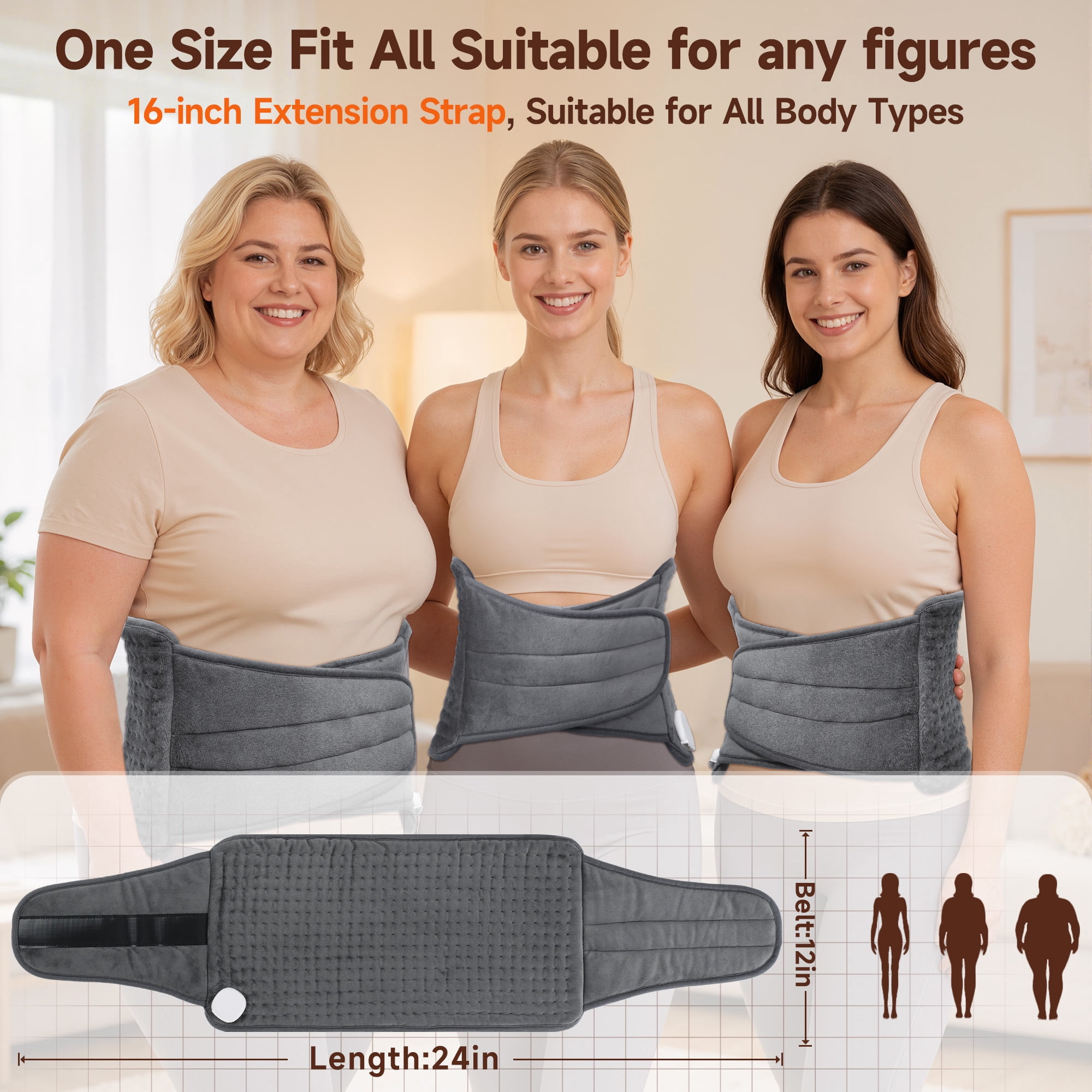 ALLJOY 12"x24"+20" Large Heating Pad for Back Pain Relief, Waist Belt with Heat for Lumbar Pain/Period Cramps/Sore Muscles, Best Gift for Birthdays/Holidays/Daily Self-Care