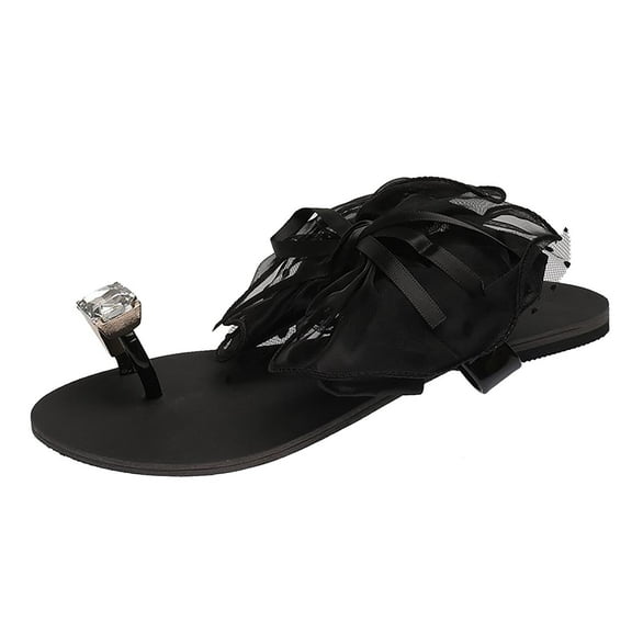 Anuirheih Slip on Sandals Women,Summer New Women's Sandals Silk Bow Rhinestone Flat Large Size Women's Sandals(Black)