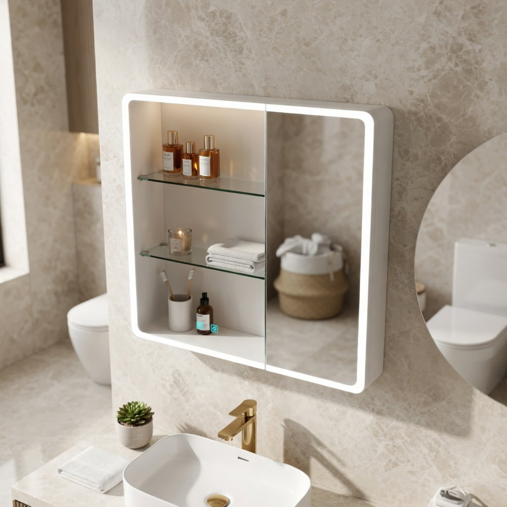 Hommoo Modern LED Bathroom Medicine Cabinet with Anti-Fog Mirror & Soft White Lighting, Wall-Mounted Aluminum-Plastic Two-Door Vanity Storage, White