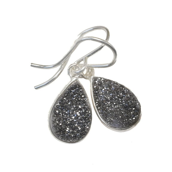 Sterling Silver Drusy Earrings Black Grey Druzy Teardrop Silvertone Bezel Set Simple Drops Designed for Adult Women