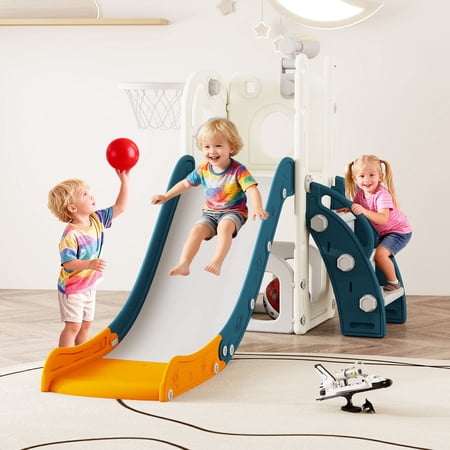 Toddler Slide Kids Climber Slides Baby Slider for Toddler Age 1-3 L Shaped Indoor Outdoor Playground Playset with Basketball Hoop Storage Telescope Toy Easy Assembly Gift for Boys and Girls