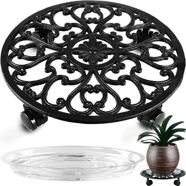 CNKOO 2 Paquets Support à Plantes Roulant avec Roues Caddy à Plantes en Métal avec Roues Robuste Support à Plantes Rond de 13'' Rouleaux d'Intérieur en Fer pour Plantes Poupée à Plantes avec Soucoupes pour Plantes