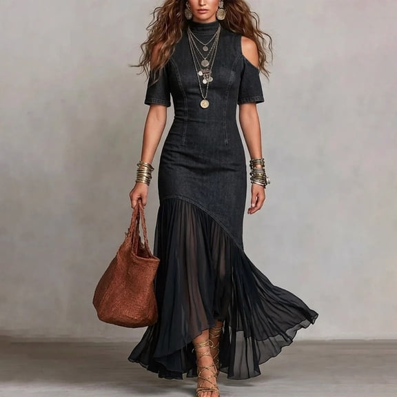 Ayolanni Solid Summer Dresses for Women 2026 Elegant Short Sleeve Crew Neck Maxi Cocktail Dress Wedding Guest French Tulle Bodycon Party Sundress with Flared Hem Black L