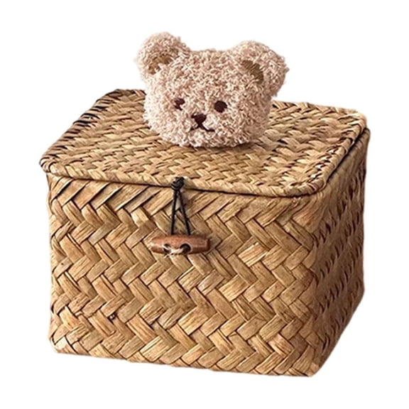 LEHOZIHEQ Wicker Shelf Baskets with Lid, Seagrass Storage Basket Bins, Handwoven Basket Boxes for Shelves Desktop Home Organizer